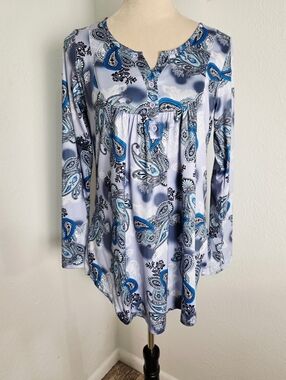 Halife Paisley Longsleeve Top in Blue Hues, White & Black, Size Medium, NWT